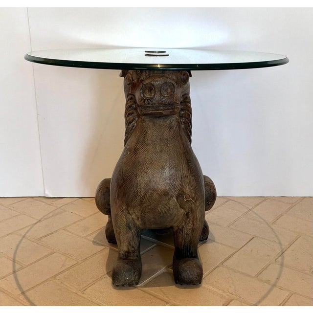 Unique Mid-Century Modern Vintage Carved Wood Food Dog End Tables Pair, glass tops, circa 1960’s