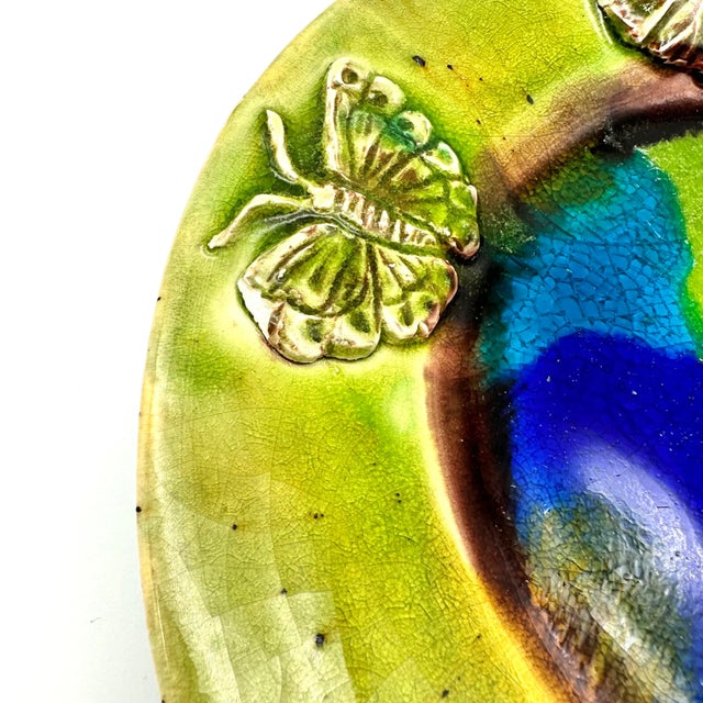 Ceramic Early 21st Century Studio Pottery Butterflies & Leaves Majolica Decorative Plate Green & Blue For Sale - Image 7 of 8