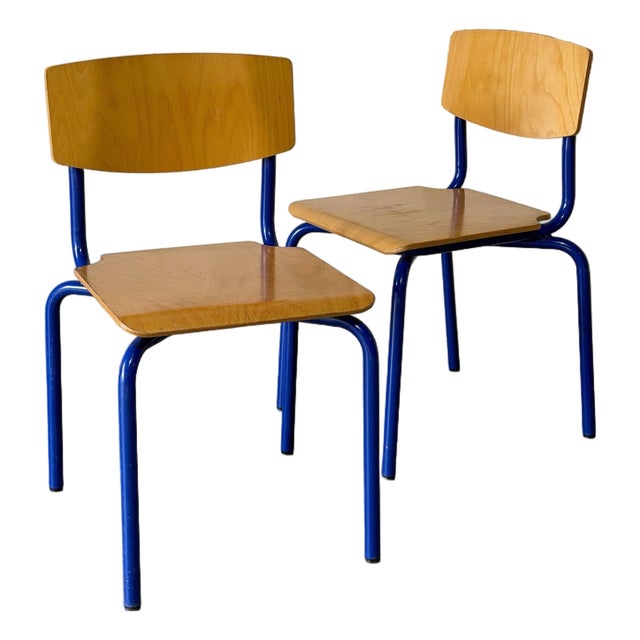 Blue Tubular Steel Stacking Chairs Set of 2 European Vintage Mid-Century Modern 1970s For Sale