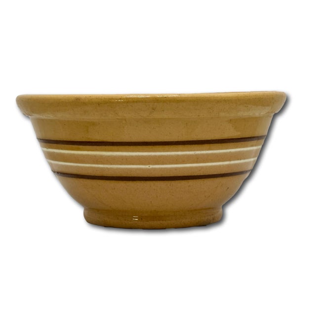 Nice Smaller 8 Inch Size Antique Thick - Heavy Brown & White Banded Yellow Ware Kitchen Batter Mixing Bowl - Late 1800s For Sale In Boston - Image 6 of 13
