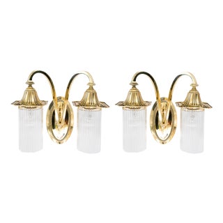 Art Deco Double Light Brass Wall Lamps with Glass Sticks, Vienna, Austria, 1920s, Set of 2 For Sale