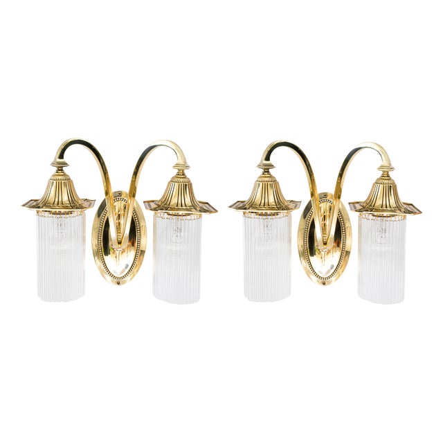 Art Deco Double Light Brass Wall Lamps with Glass Sticks, Vienna, Austria, 1920s, Set of 2 For Sale