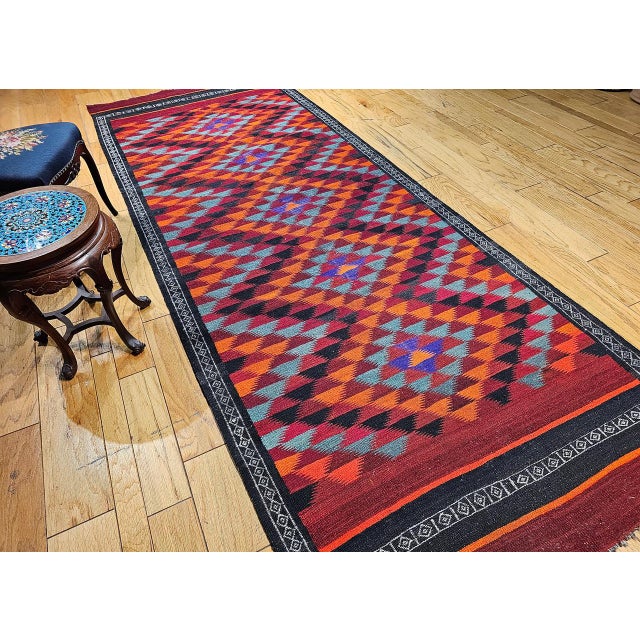Vintage Moroccan Kilim Rug, Hand-Woven Wool, Geometric Pattern, 5' X 13' For Sale - Image 4 of 18