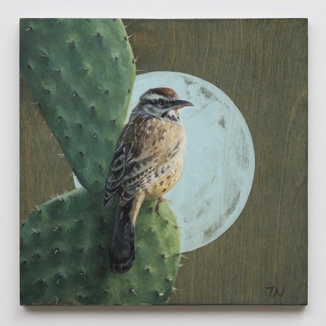 Contemporary Cactus Wren by Terra Novak | Oil on wood Bird perched on a cactus under a full moon. For Sale - Image 3 of 5