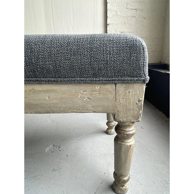 Large Rustic Turned Leg Tufted Bench 82" W 19" Deep 19.5" H Painted Patina Wood Finish Newly Re-upholstered in a textured...