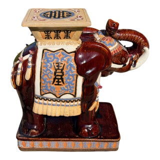 Mid 20th Century Large Lucky Chinoiserie Elephant Plant Stand in Oxblood and Polychrome Glaze For Sale