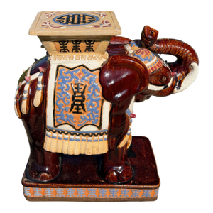 Mid 20th Century Large Lucky Chinoiserie Elephant Plant Stand in Oxblood and Polychrome Glaze