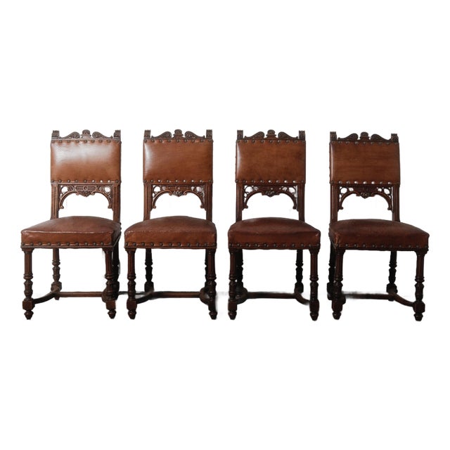 19th Century Antique Henry II Renaissance Style Brown Leather and Wood Chairs - Set of 4 For Sale