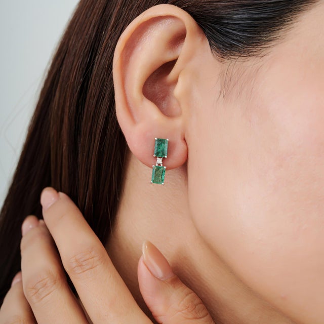 Art Deco Inspired Certified Natural Emerald 2 Stone Drop Earrings With Diamond Accents, a Pair For Sale - Image 6 of 11