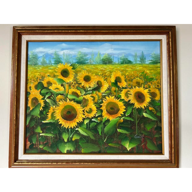 1970s 70's Vintage Galit Sunflowers Field Landscape Painting For Sale - Image 5 of 13