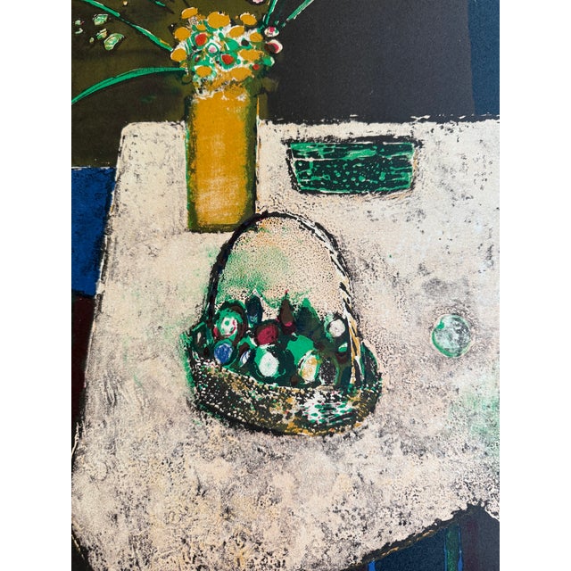 Printmaking Materials Mid 20th Century Rene Genis Signed Lithograph of Flowers and Basket on a Table For Sale - Image 7 of 8