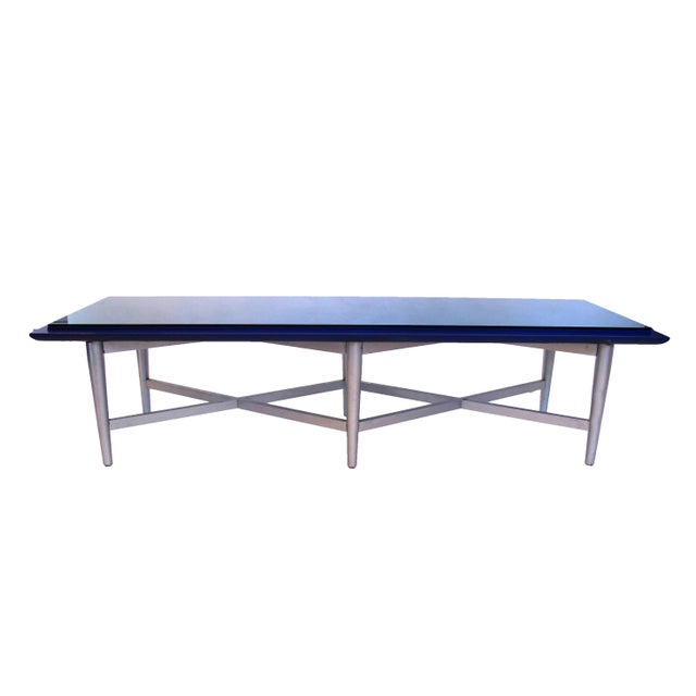 Wood Mid-Century Cobalt Blue Mirrored X-Base Coffee Table For Sale - Image 7 of 9