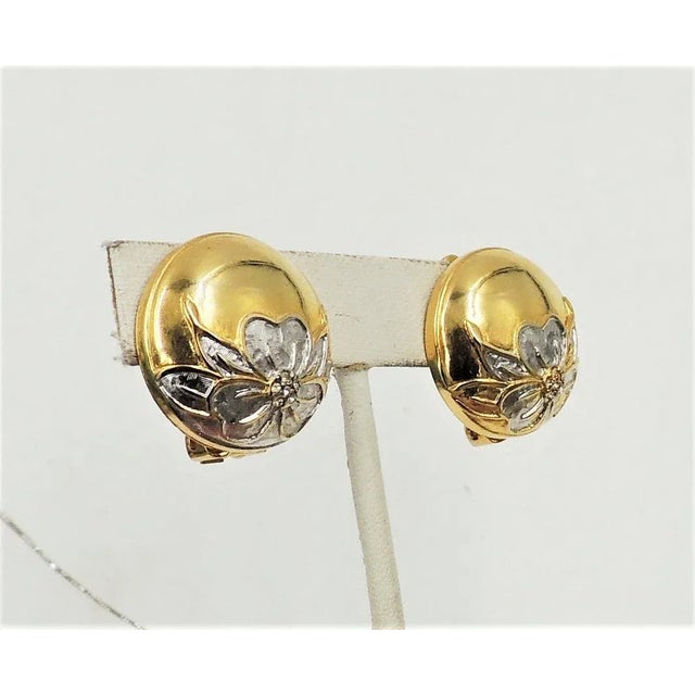 Gold Vintage 1980s Valentino Goldtone & Rhodium Plate Rhinestone Flower Clip Earrings - 2 Pieces For Sale - Image 8 of 9