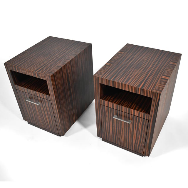 Wood Bespoke Nightstands in Zebra Wood (Pair) For Sale - Image 7 of 11