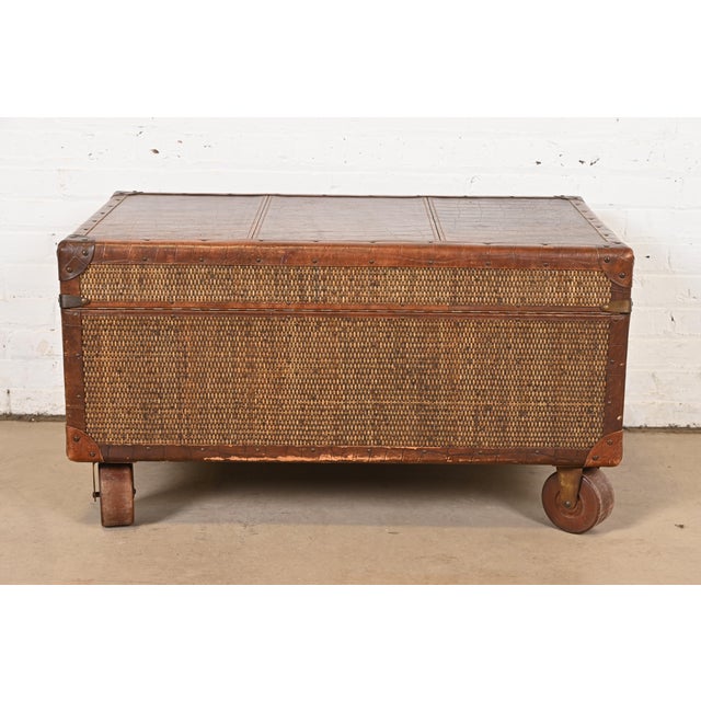 Late 20th Century Baker Furniture Campaign Rattan and Leather Trunk Coffee Table For Sale - Image 10 of 12