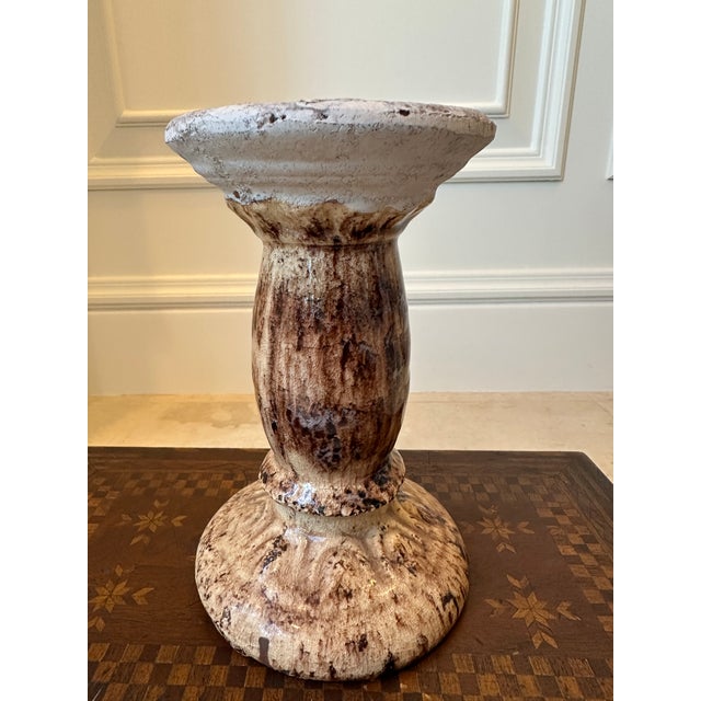 Vintage 7” French Glazed Terracotta Pillar Candleholder For Sale - Image 4 of 14