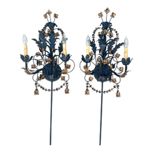 Pair of Black Iron and Tole Painted Two-Light Sconces – Circa 1950s