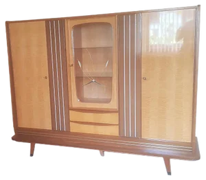 Multifunction Birch, Walnut, Brass and Vinyl Cabinet with 2 Drawers and Decorated Glass Panel, 1950s