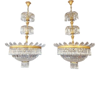 Pair 1930s Empire Brass Sac a Pearl Lustre Crystal Basket Chandeliers For Sale