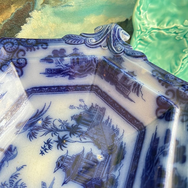 Ceramic Antique Flow Blue Hexagon Rimmed Pedestal Bowl For Sale - Image 7 of 18