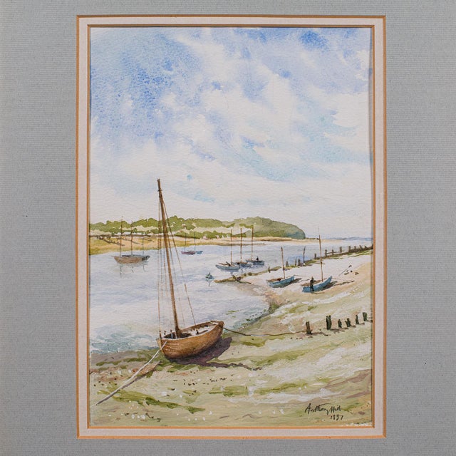 Vintage Beach Landscape Painting, English School Watercolour, Nautical Art, 1991 For Sale - Image 4 of 9