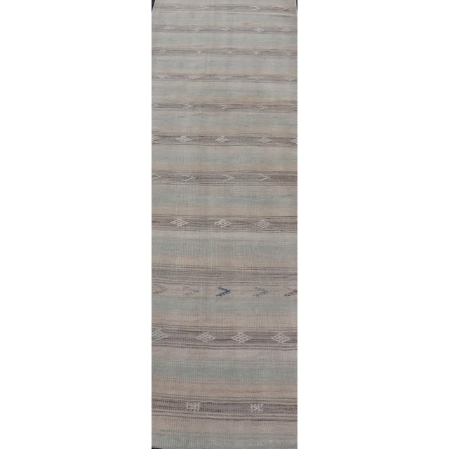 Vintage Turkish Kilim Runner With Soft Beige and Muted Pastel Stripes For Sale In Atlanta - Image 6 of 11