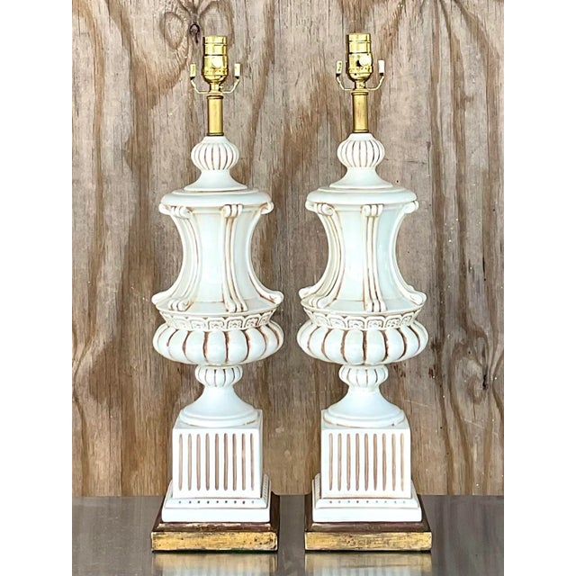 Vintage Italian Neoclassical Glazed Ceramic Urn Table Lamps – A Pair For Sale - Image 11 of 12