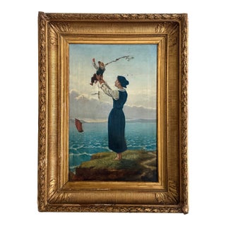19th C French Painting in Ornate Heavy Gilt Gold Frame For Sale