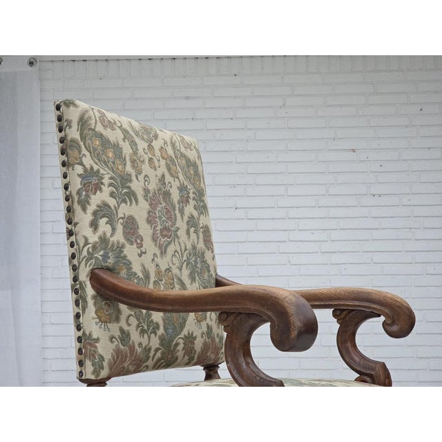 1950s Scandinavian Highback Armchair in Patterned Fabric and Hand-Carved Oak, 1950s For Sale - Image 5 of 18