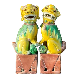 Vintage Boho 19th Century Glazed Ceramic Foo Dogs - a Pair