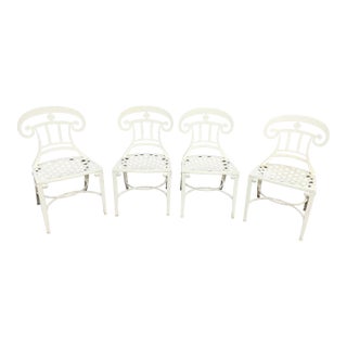 Set of Four White Powder-Coated Lattice Outdoor Chairs For Sale