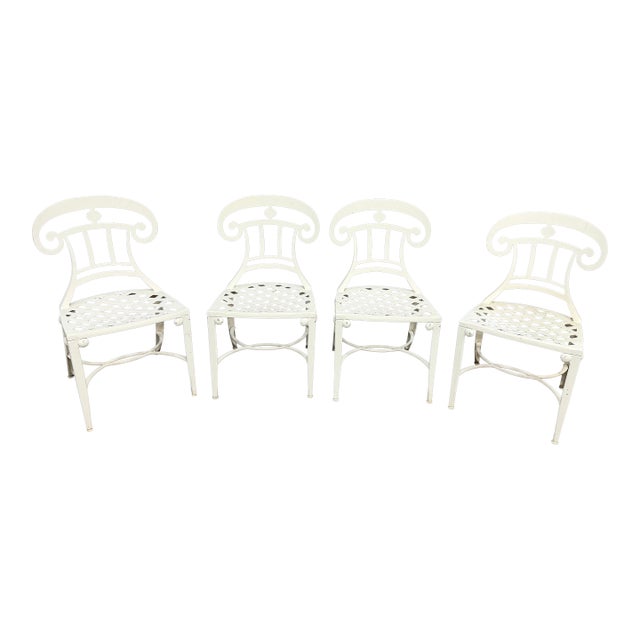 Set of Four White Powder-Coated Lattice Outdoor Chairs For Sale
