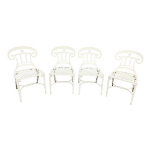 Set of Four White Powder-Coated Lattice Outdoor Chairs