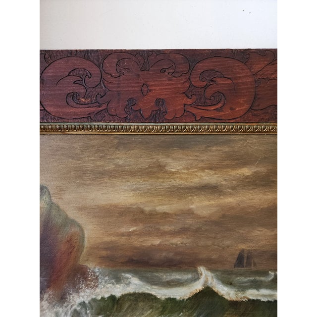 19th Century Dramatic Seascape Painting in Antique Arts & Crafts Pyrography Frame For Sale - Image 11 of 18