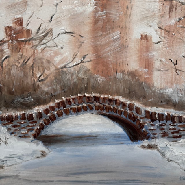 Original oil on canvas by Connecticut artist and sculptor Miriam “Mimi” Nelson, depicting a snow-covered stone arch bridge...