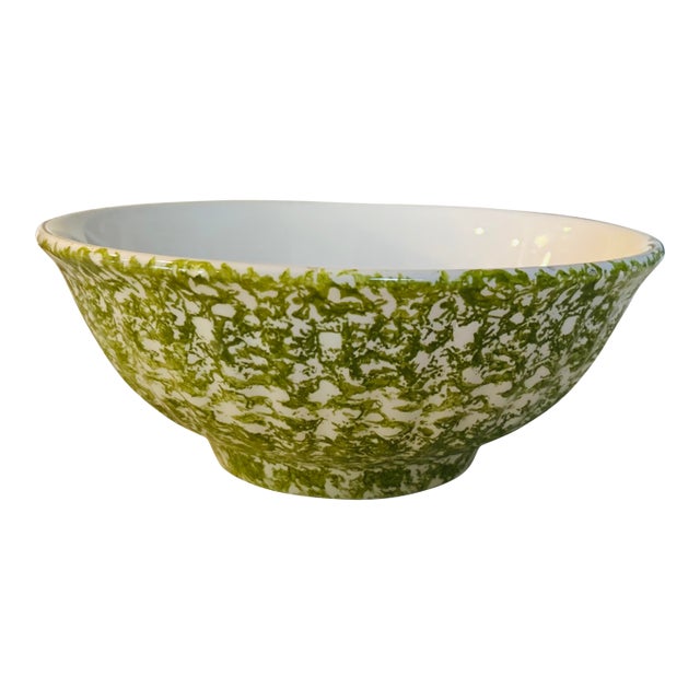 Large Vintage Italian Green Spongeware Stoneware Bowl | 13.25” Classical Schizzato Spatterware Serving Bowl | Rustic Farmhouse Ceramic Décor For Sale