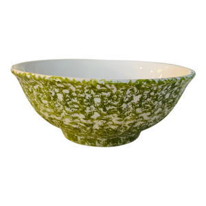 Large Vintage Italian Green Spongeware Stoneware Bowl | 13.25” Classical Schizzato Spatterware Serving Bowl | Rustic Farmhouse Ceramic Décor