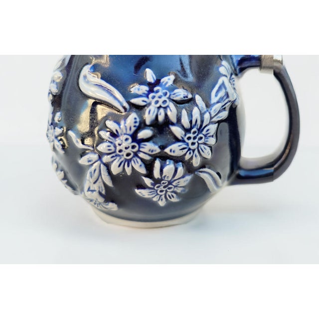 1940s Mid-Century German Cobalt Blue Relief Stein with Pewter Lid, 1940s-1950s For Sale - Image 5 of 12
