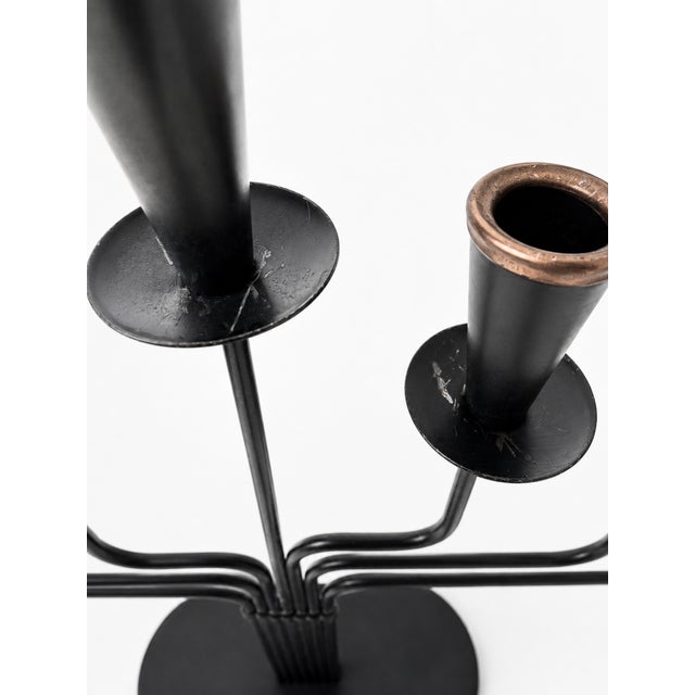 Metal Seven-Arm Candelabra in Black Metal and Copper attributed to Gunnar Ander for Ystad-Metall, Sweden, 1960s For Sale - Image 7 of 11
