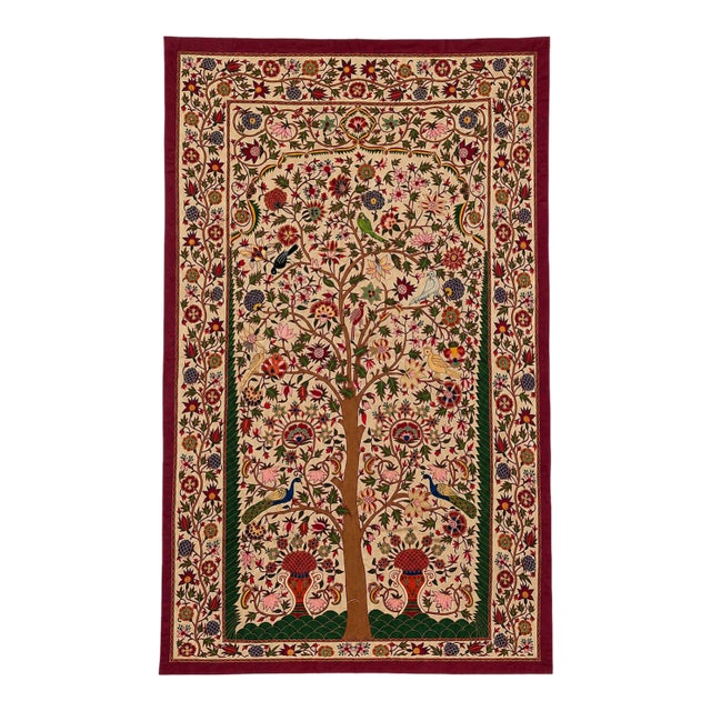 Vintage Tree of Life Hand-Embroidered Textile Wall Hanging – 40" X 63" For Sale