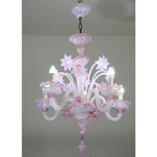 1960s Extraordinary Murano Glass Chandelier Adorned With Pink Flowers For Sale - Image 4 of 15