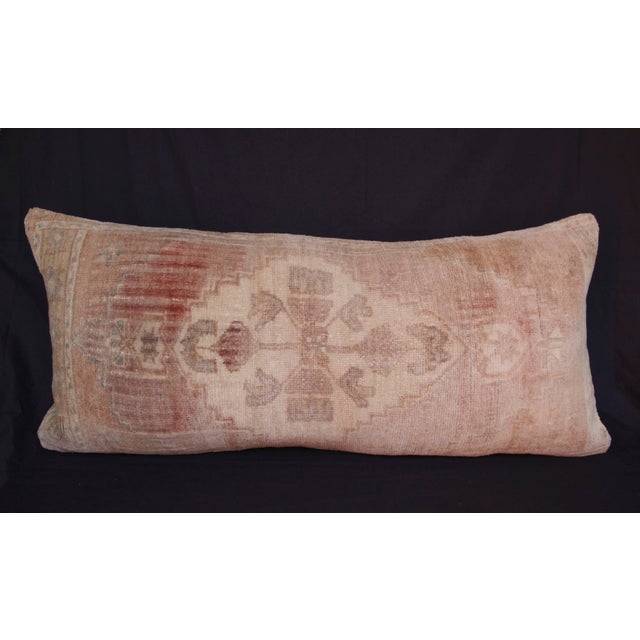 Boho Chic Faded Oushak Rug Pillow – Vintage Turkish Handwoven Lumbar Cushion -17'' X 37'' For Sale - Image 3 of 13