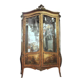 Antique Vernis Martin French Wood Double Door Vitrine Cabinet For Sale