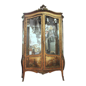 Antique Vernis Martin French Wood Double Door Vitrine Cabinet