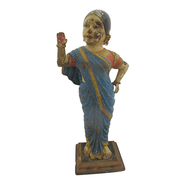 Indian Hindu Female Attendant Abhaya Mudra Carved Wood Folk Art Statue For Sale