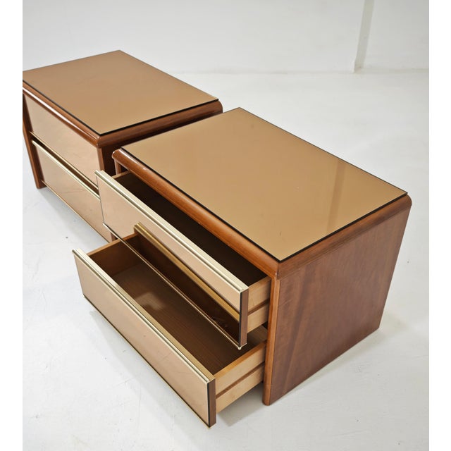 Vintage Bedside Tables in Wood and Bronzed Mirrored Glass, 1970s, Set of 2 For Sale - Image 9 of 18