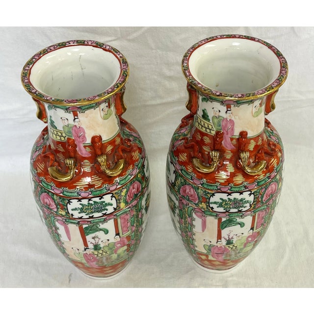 Mid Century Asian Famille Rose Vases of Hand Painted Porcelain With Gold Accents- a Pair For Sale - Image 4 of 12