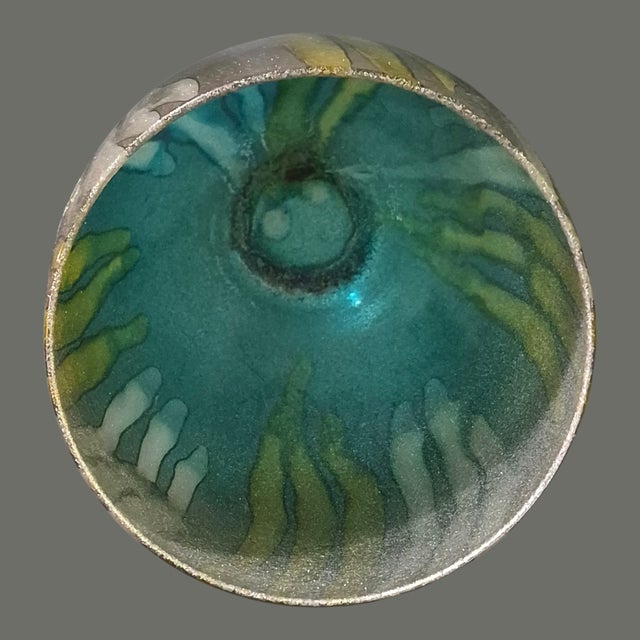 Modern Tall 14'' Italian Art Glass Alcohol Ink Painted Vase Teal Gold & Silver For Sale - Image 6 of 8