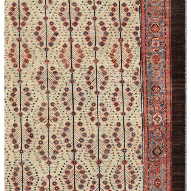 Tribal Antique Persian Serab Rug With Tree Design in Cream, Red, Blue and Brown Colors 8'7 X 12'3 For Sale - Image 3 of 8