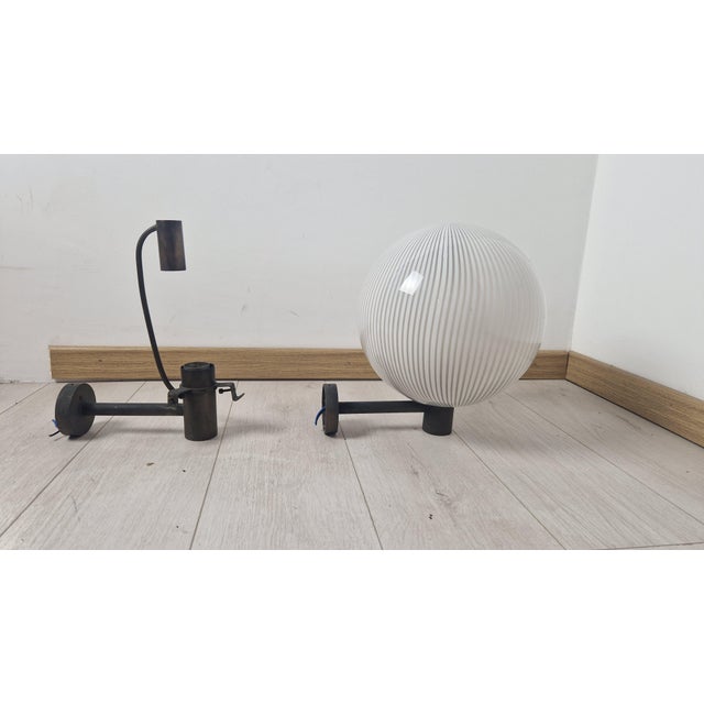 1950s Wall Lamps in White Sphere Fabric Model and Brass Frame by Venini Murano, 1960s, Set of 2 For Sale - Image 5 of 14